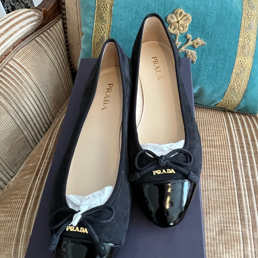 PRADA size 9 black suede and black patent ballet flat. New in box. Italy